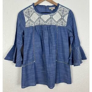 LOFT Crochet Yoke Bell Sleeve Chambray Top NWT Size Small
